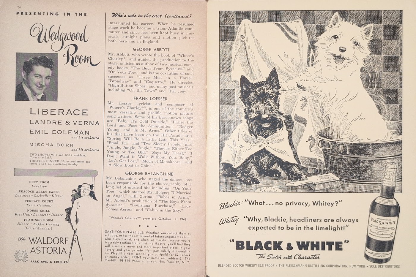 Blackie and Whitey for “Black & White” Scotch, beside a Wedgwood Room bill headlined by Liberace and the cast bios of Loesser, Abbott and Balanchine.