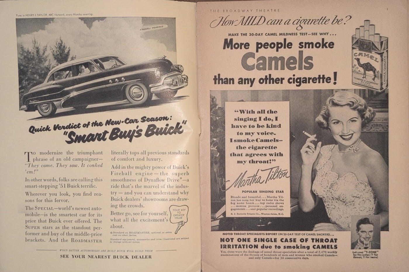 “Smart Buy’s Buick” for the ’51 new-car season, facing Camel’s mildness test with popular singing star Martha Tilton.