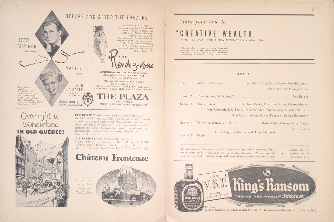 Act II opens on “Where’s Charley?” led by Robert Shackleton, and he returns for “At the Red Rose Cotillion” with Betty Oakes before the finale danced by Ray Bolger and Allyn McLerie.